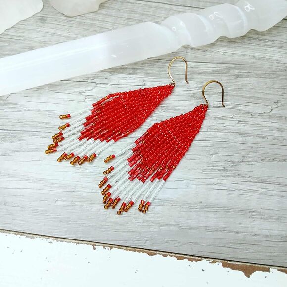 Red & White Boho Chic Fringe Cascade Dangle Earrings, Statement 4" - Picture 6 of 7
